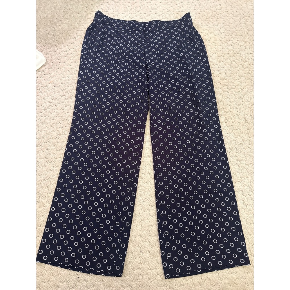 Talbots Woman Navy Blue White Rope Circle Print Wide Leg Pants Plus Size 16W